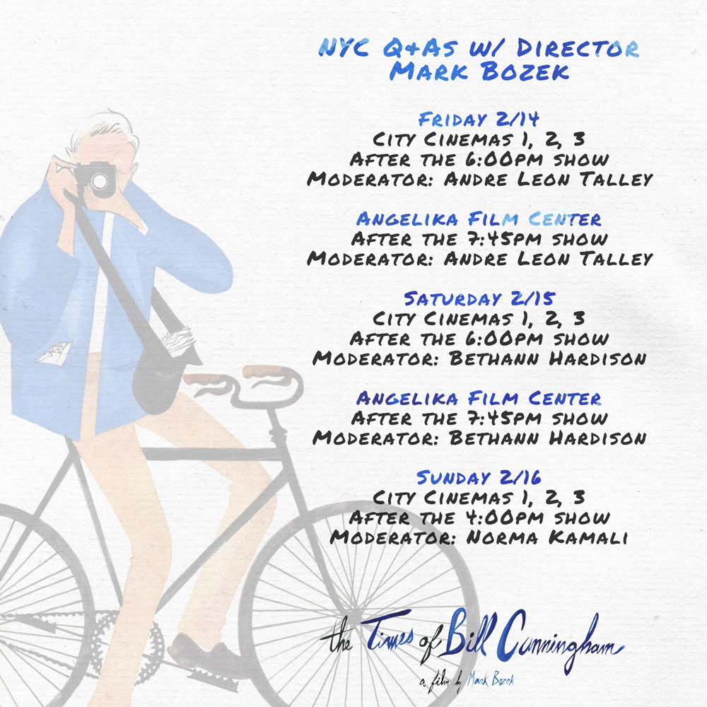 NYC FANS: Catch Q&As with THE TIMES OF BILL CUNNINGHAM director Mark Bozek