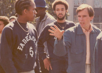 Charlie Ahearn directs the Fantastic in the basketball scene (Rubie D, Kevie Kev, and Prince Whipper Whip), 1981. Photo © Cathy Campbell.