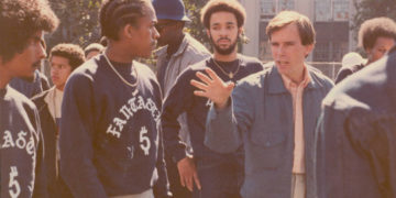 Charlie Ahearn directs the Fantastic in the basketball scene (Rubie D, Kevie Kev, and Prince Whipper Whip), 1981. Photo © Cathy Campbell.