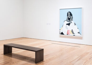 Installation view of Amy Sherald: American Sublime (Whitney Museum of American Art, New York, April 9-August 10, 2025). Michelle LaVaughn Robinson Obama, 2018. Photograph by Tiffany Sage/BFA.com. © BFA 2025