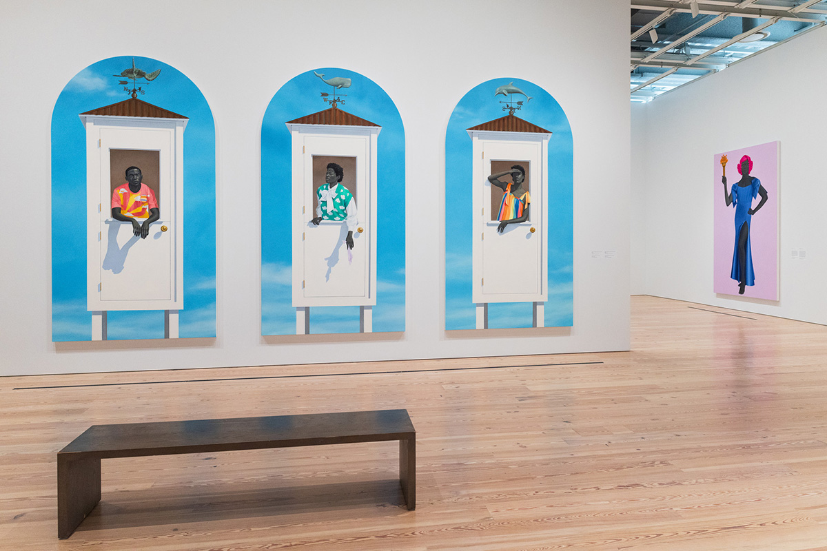 Installation view of Amy Sherald: AmericanSublime (Whitney Museum of American Art, New York, April 9-August 10, 2025). From left to right: Ecclesia (The Meaning of Inheritance and Horizions), 2024; Trans Forming Liberty, 2024. Photograph by Tiffany Sage/BFA.com. © BFA 2025