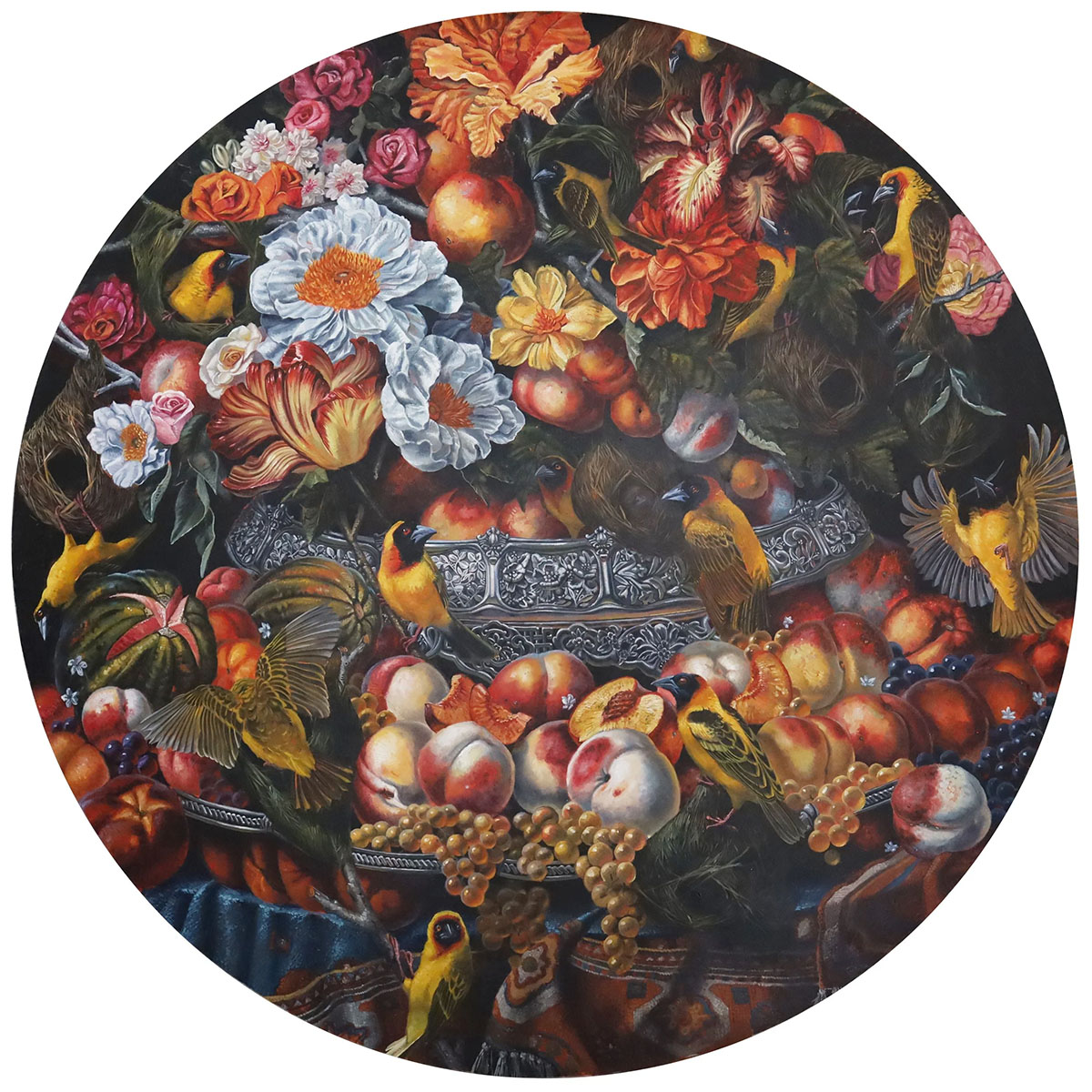 Bacchanalia 436” diam. oil on panel 2025